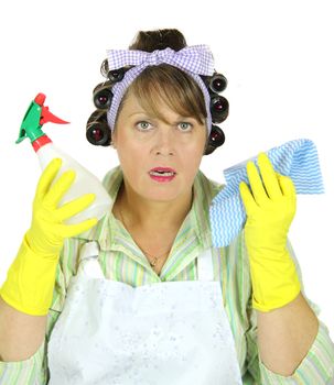 Surprised frumpy housewife armed to the teeth with spray and cloth.