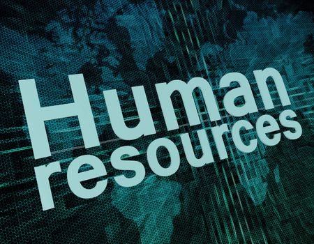 Job, work concept: words Human resources on digital world map screen