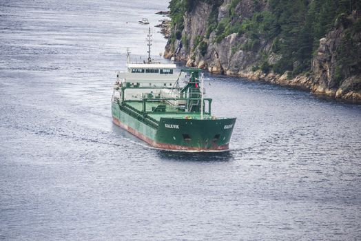 Cargo ship Kalkvik  going to the port of Halden, Norway in order to unload clay. The picture is shot from Svinesund Bridge.