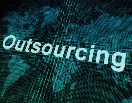 Job, work concept: word Outsourcing on digital world map screen