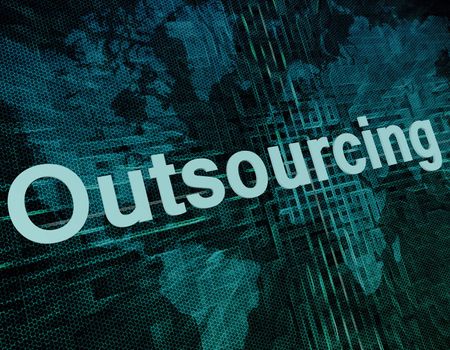 Job, work concept: word Outsourcing on digital world map screen