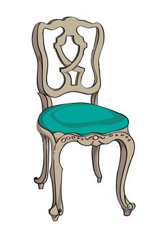 Rococo chair colored doodle, hand drawn illustration of a decorated antique furniture piece with light green upholstery isolated on white