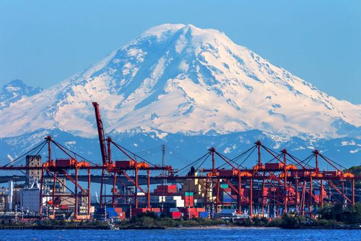 Seattle Port with Red Cranes and Mt Rainier in the Background 