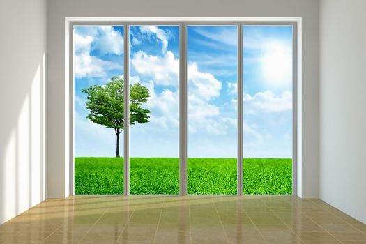 Large window with view to a beautiful landscape