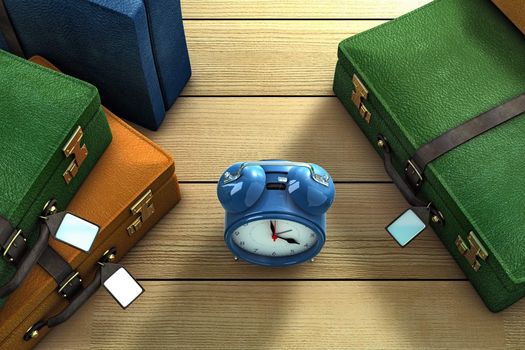 Three suitcases and a clock on a table