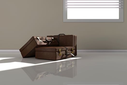 Three suitcases for travelling on a room near the window