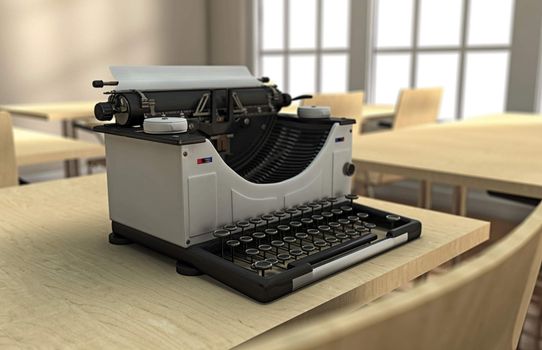 Typewriter on a desk in a well lighted room
