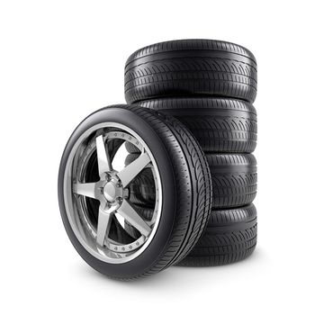 Wheels and tires on white background