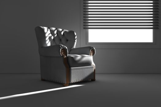 Sofa illuminated by light coming from a window