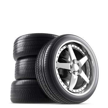 Wheels and tires on white background