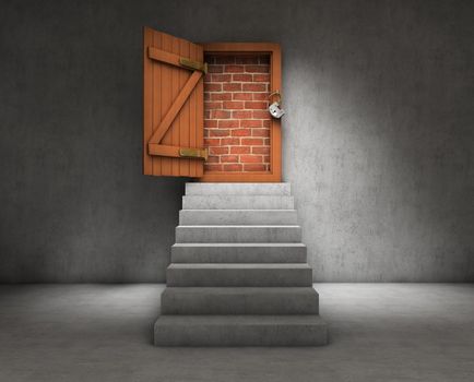 Stairs leading to a door blocked by brick wall