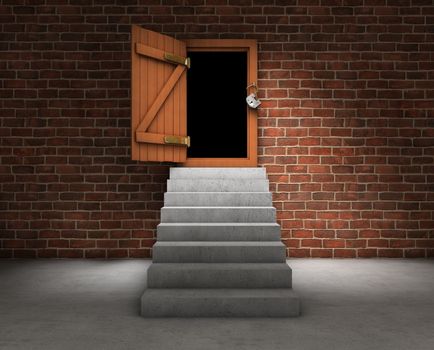 Stairs leading to an opened door with dark outside