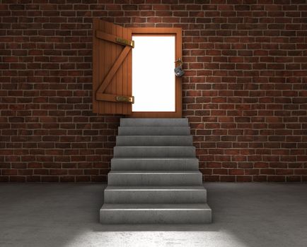 Stairs leading to an opened door with bright light outside