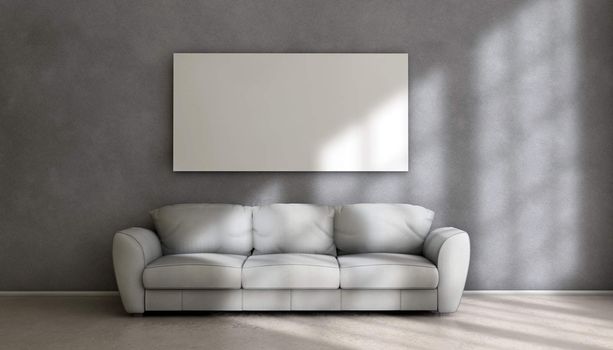 White card on the wall above a sofa