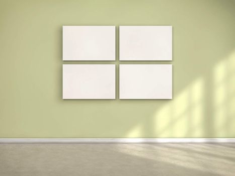 Four white frames on a room and sun light coming from a window