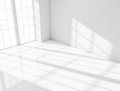 Bright light coming from a window illuminating a white room