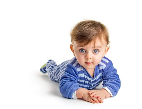 Lovely baby crawling on white background