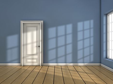 Room with closed door and sun light coming from the window