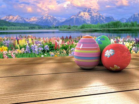 Colorful Easter eggs on a table near to a lake and a mountain