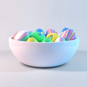 Bowl filled with easter eggs painted with different decoration
