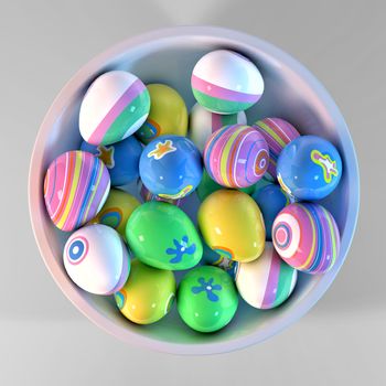 Bowl filled with easter eggs painted with different decoration