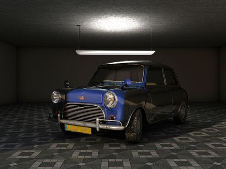 Blue mini cooper on a garage