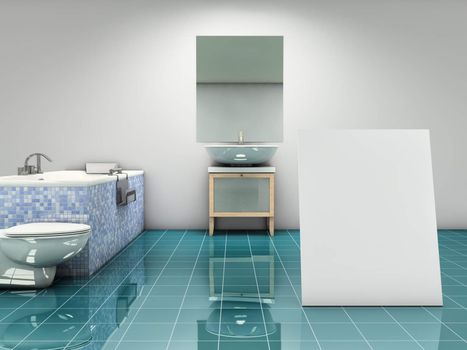 Modern bathroom with blank card standing on the floor