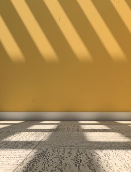 Yellow wall and floor with sunlight coming through the windows