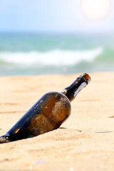 Bottle half buried on sand