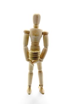 Wooden manikin holding coins on white background