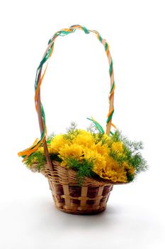 Basket of yellow flowers on white