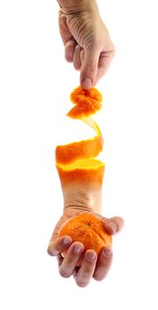 Composition of a hand grabbing an orange peel with other hand mounted at the end, which in turn grabs an orange