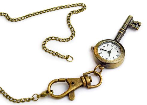 Golden key with a clock on pure white background