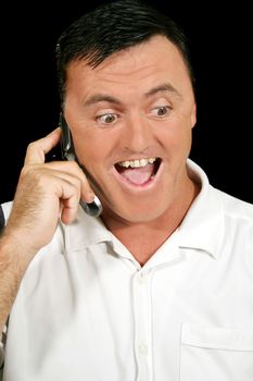 Surprised man on cell phone.
