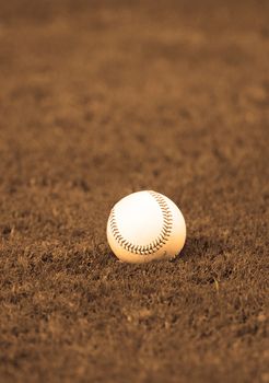 A Baseball lying in grass field with nobody