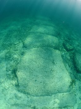 Underwater rock formation in the Bahamas named Bimini Road that is thought by some to be remnants of Atlantis