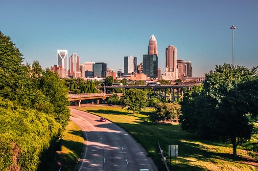 Charlotte, North Caroline city buildings skyline in bright daylight