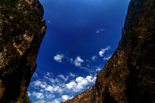 Looking up at the sky from deep within Sumidero Canyon in Mexico