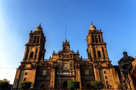 View of the facade of the cathedral in Mexico City as seen from the Zocalo