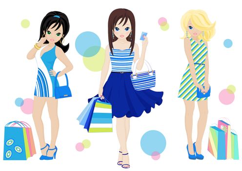 three fashion shopping girls with shopping bags