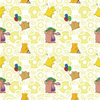 Seamless background, cartoon toy animals and abstract pattern.