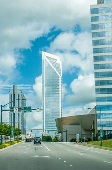 Charlotte, North Caroline city buildings skyline in bright daylight