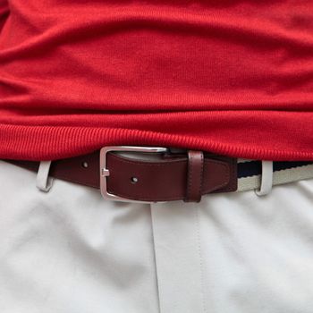 Belt, trousers and red jumper, smart casual fashion