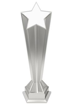 Silver or platinum star prize on pedestal with blank plate isolated on white. High resolution 3D image