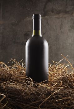 Bottle of red wine in the straw
