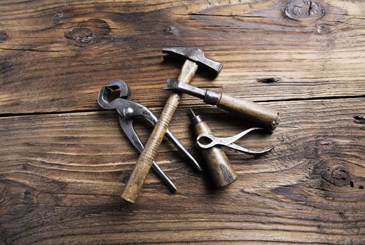 Carpenter's tools on a old wooden table