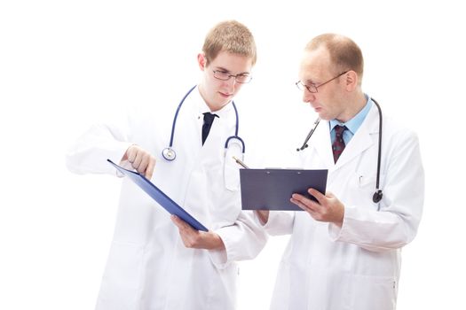 Team of male doctors comparing their documents