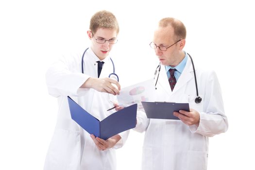 Male medical doctors discussing about blood test results