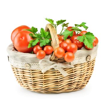 Basket With A Crop Of Tomatoes On A White Background