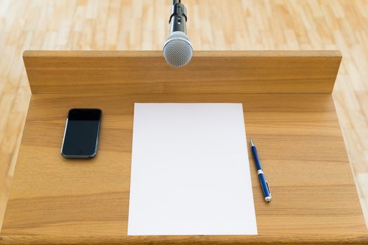 Speech podium with a microphone. First person view